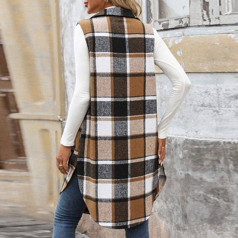 Plaid Vest With Lapel Collar And Long Length