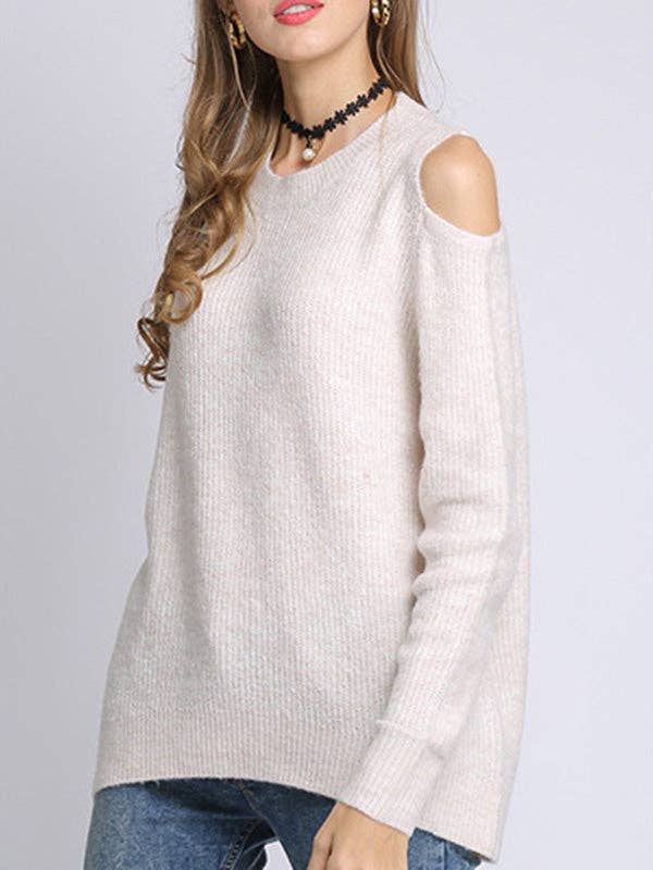 UZ Wholesale Store - Hollow Solid Color Long Sleeves Loose Round-neck Sweater Tops Pullovers Knitwear