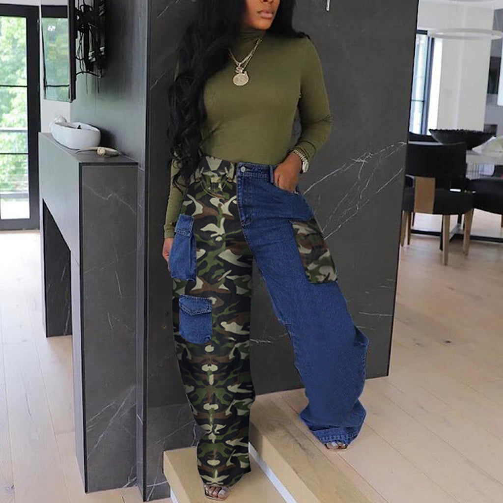 DENIM PATCHWORK CAMO PRINTED POCKET WOMEN PANTS