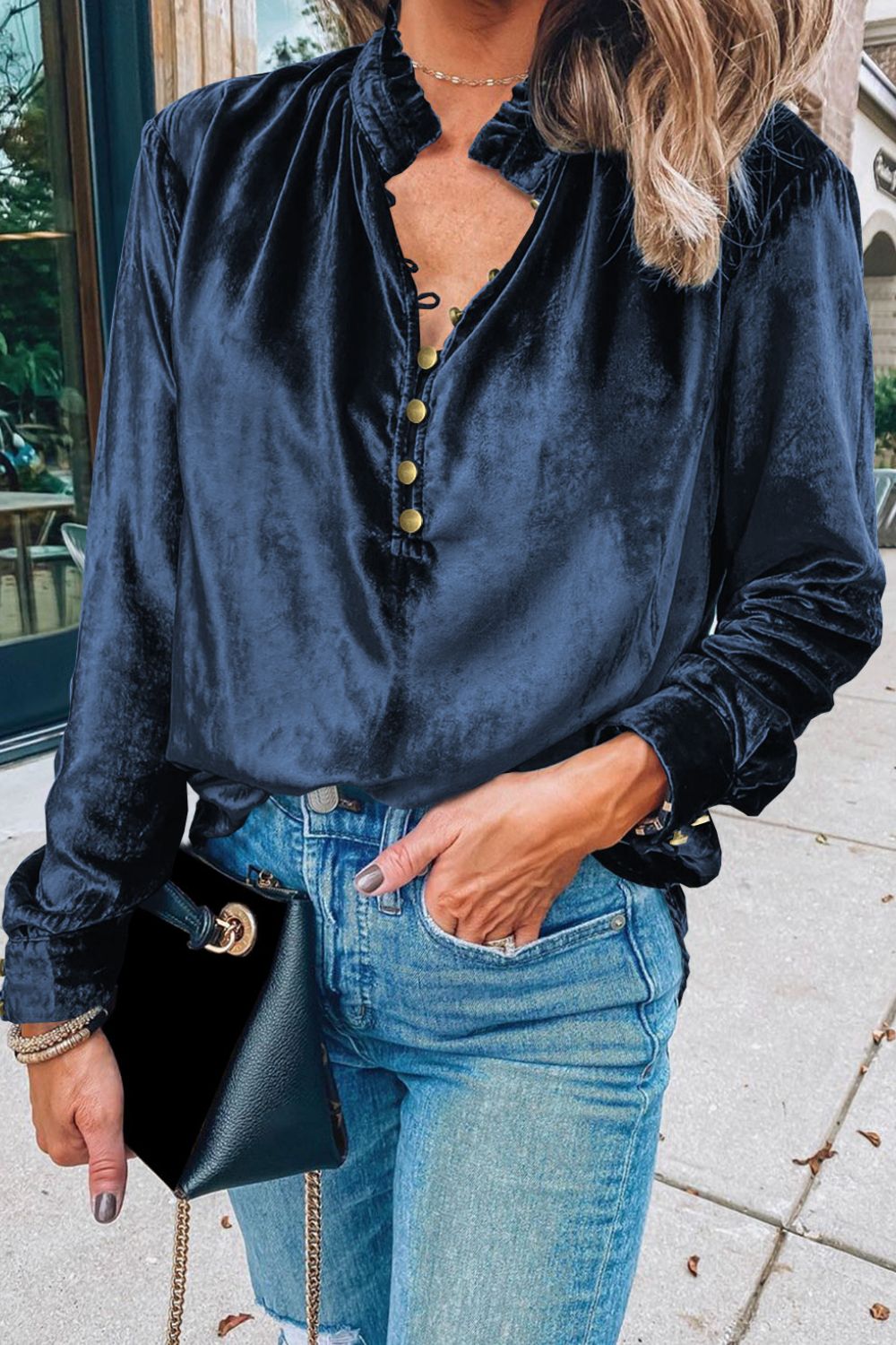 Velvet Button-Up Long Sleeve Blouse