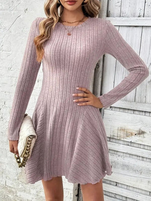 Ribbed Round Neck Long Sleeve Mini Dress