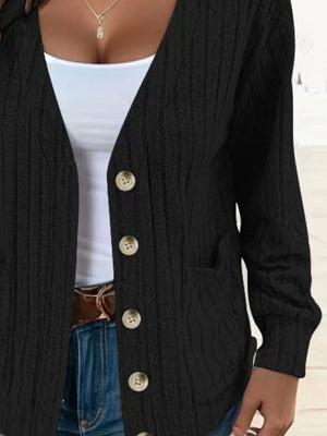 Full Size Button Up V-Neck Long Sleeve Cardigan