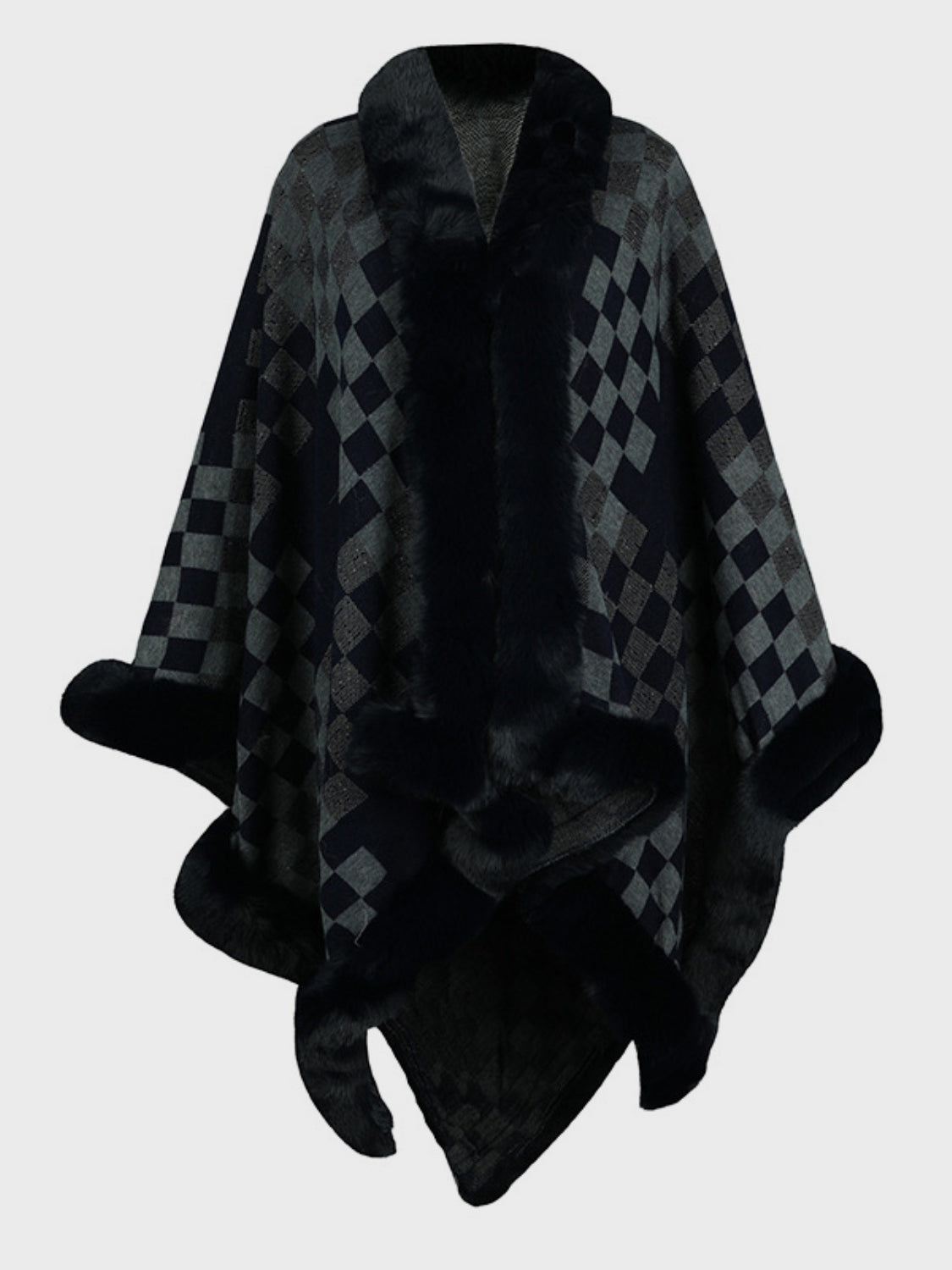 Chic Checkered Fur-Trim Poncho