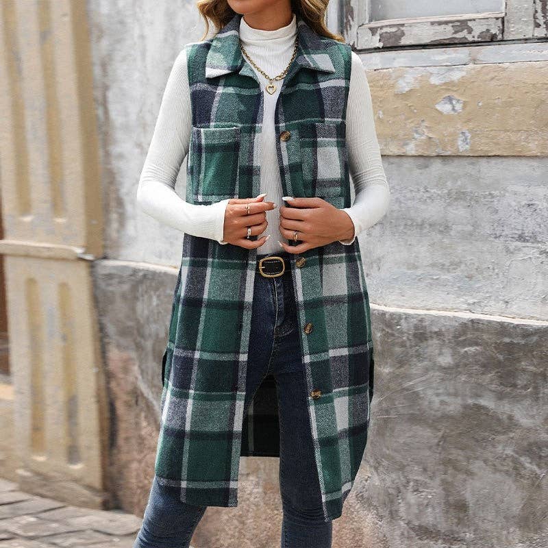 Plaid Vest With Lapel Collar And Long Length