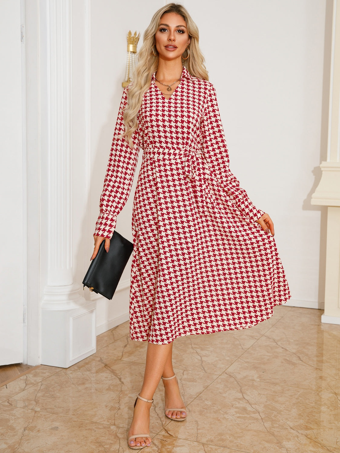 Tied Houndstooth Long Sleeve Midi Dress