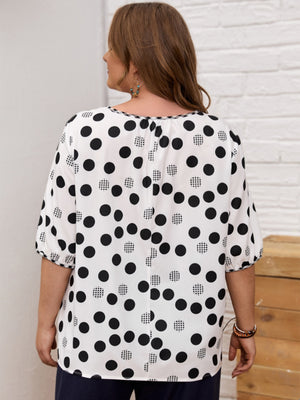 Plus Size Polka Dot Round Neck Half Sleeve Blouse