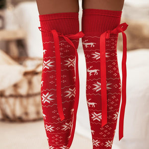 Noel Knit Bowknot Trim Over Knee Stockings