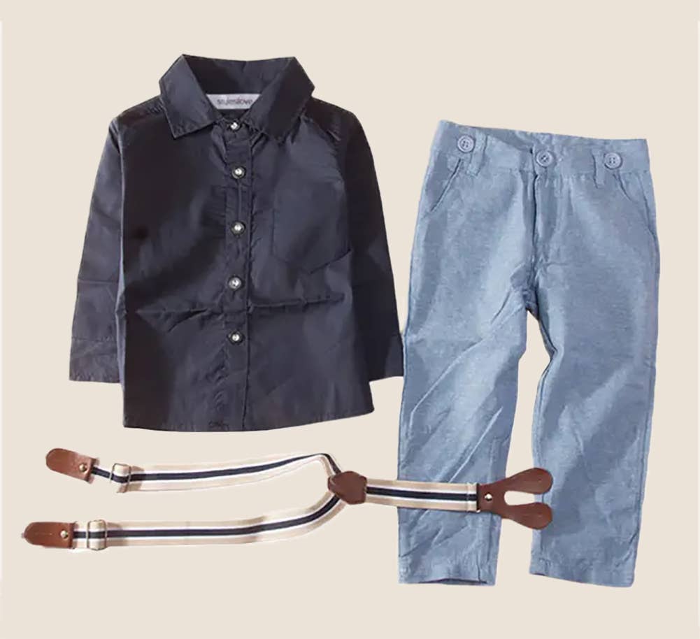 Fennco Styles - Blue Little Boy Button Down Shirt, Suspender Straps & Pants