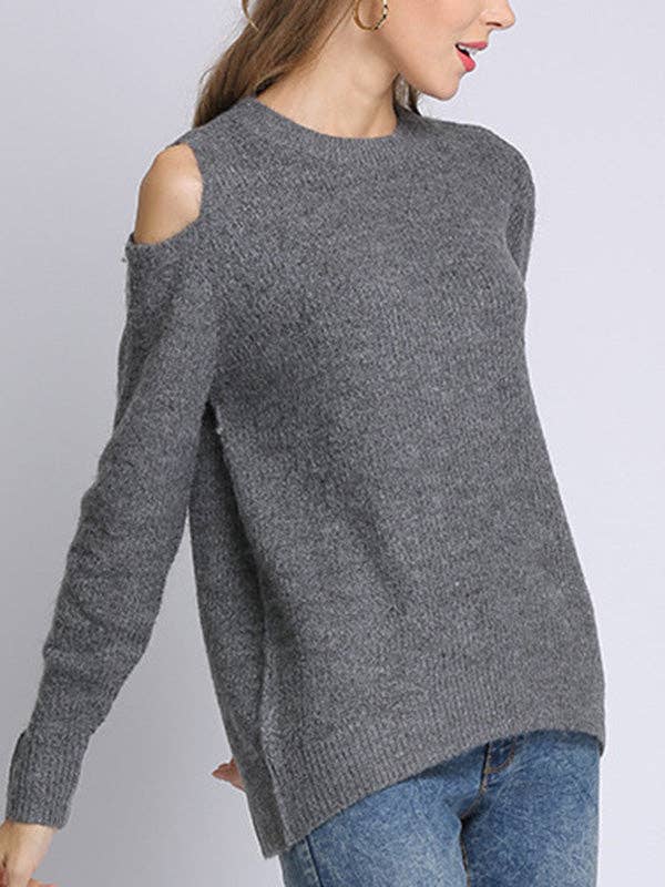 UZ Wholesale Store - Hollow Solid Color Long Sleeves Loose Round-neck Sweater Tops Pullovers Knitwear