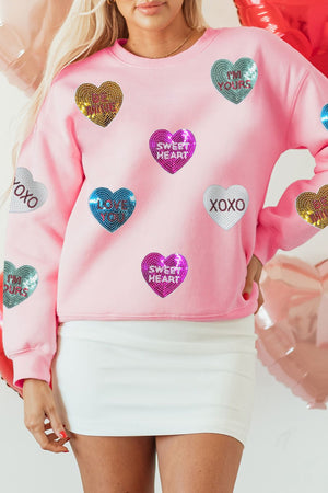 Valentine’s Day Sequin Heart Round Neck Long Sleeve Sweatshirt