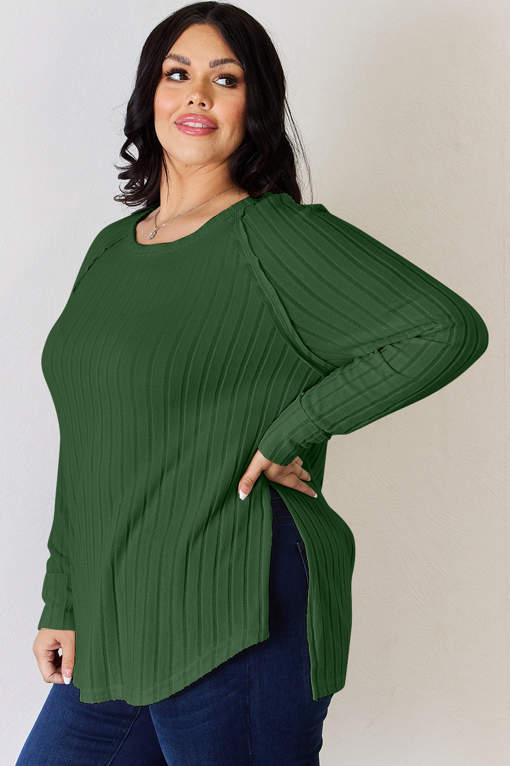 Comfort Ribbed Round Neck Slit T-Shirt