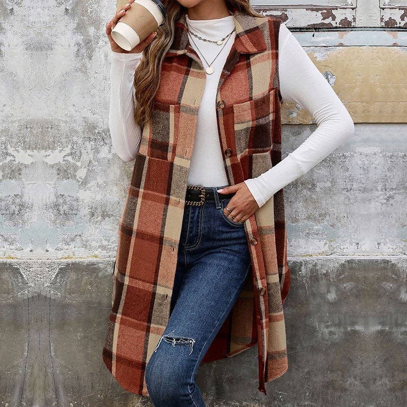 Plaid Vest With Lapel Collar And Long Length