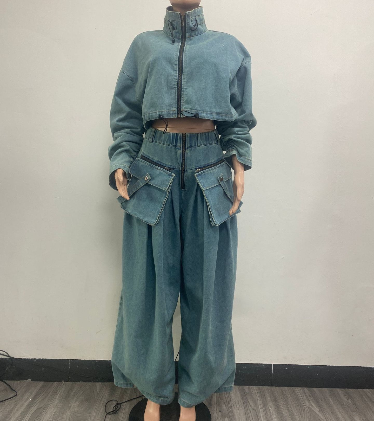 WIDE-LEGGED LOOSE HEAVY DENIM TWO-PIECE SET