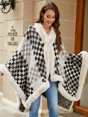 Chic Checkered Fur-Trim Poncho