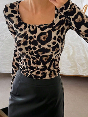 Leopard Scoop Neck Long Sleeve T-Shirt