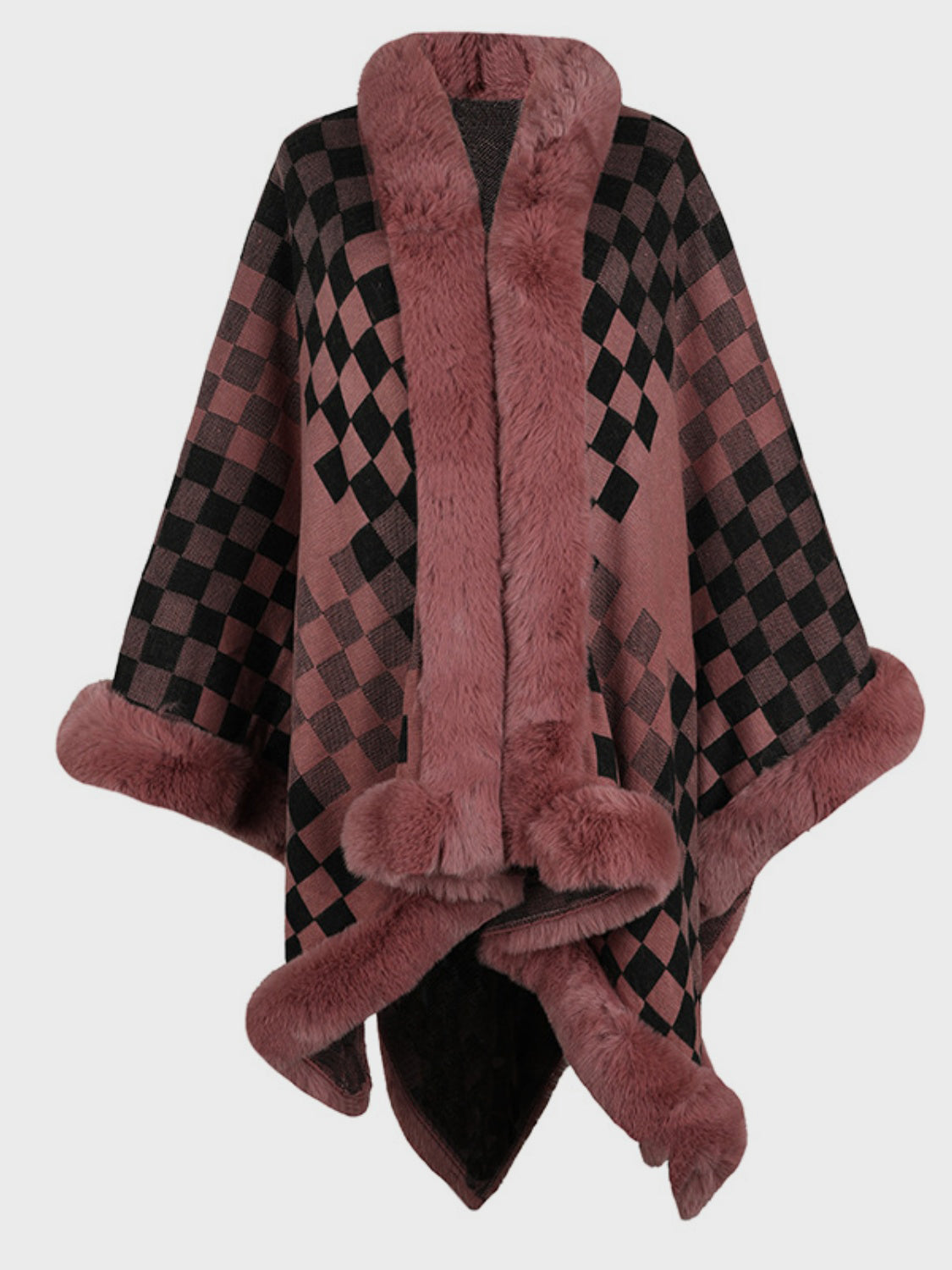 Chic Checkered Fur-Trim Poncho