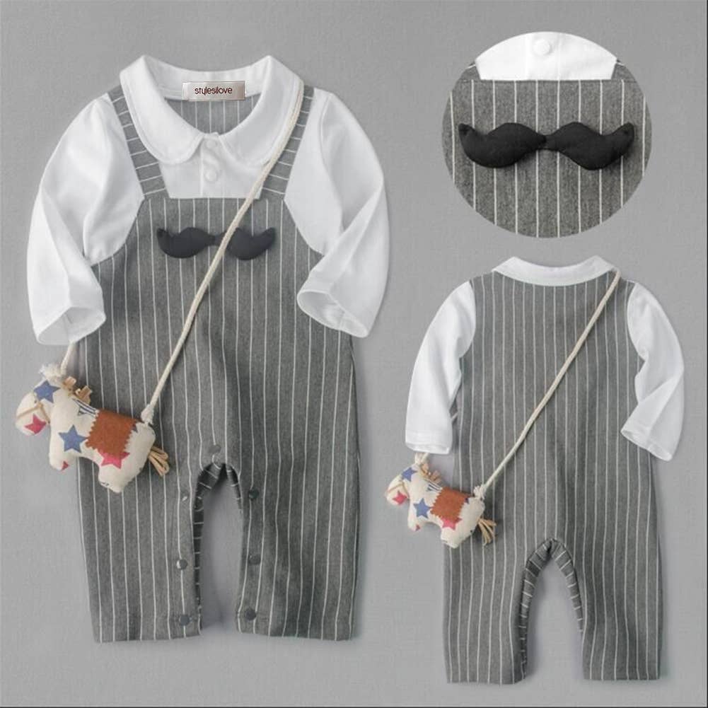Fennco Styles - Grey & White Mustache Striped Baby Romper & Hat