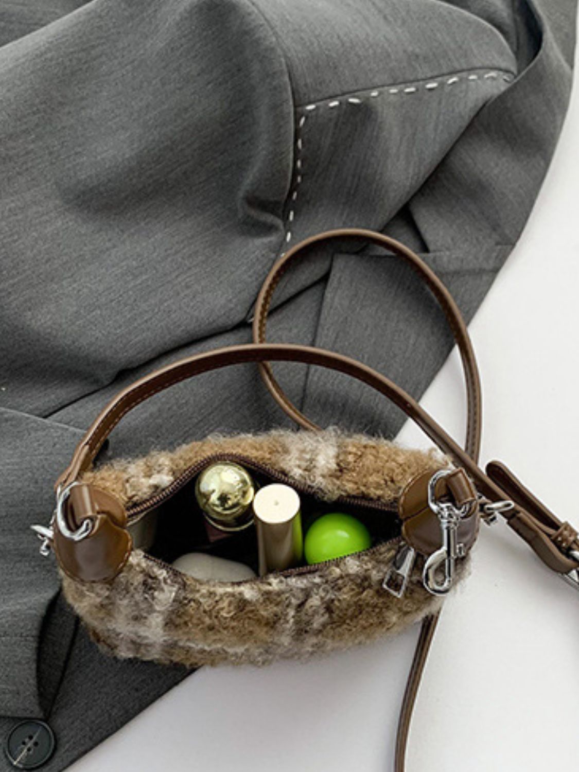 Fuzzy Crossbody Mini Handbag with Zipper