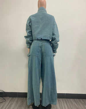 WIDE-LEGGED LOOSE HEAVY DENIM TWO-PIECE SET