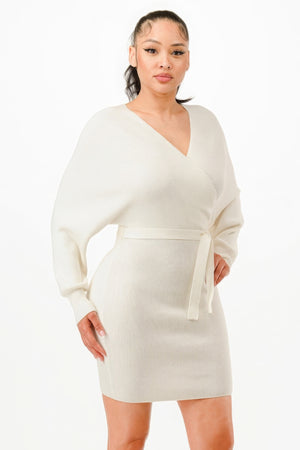 Off Shoulder Wrap Belted Ribbed Sweater Dress