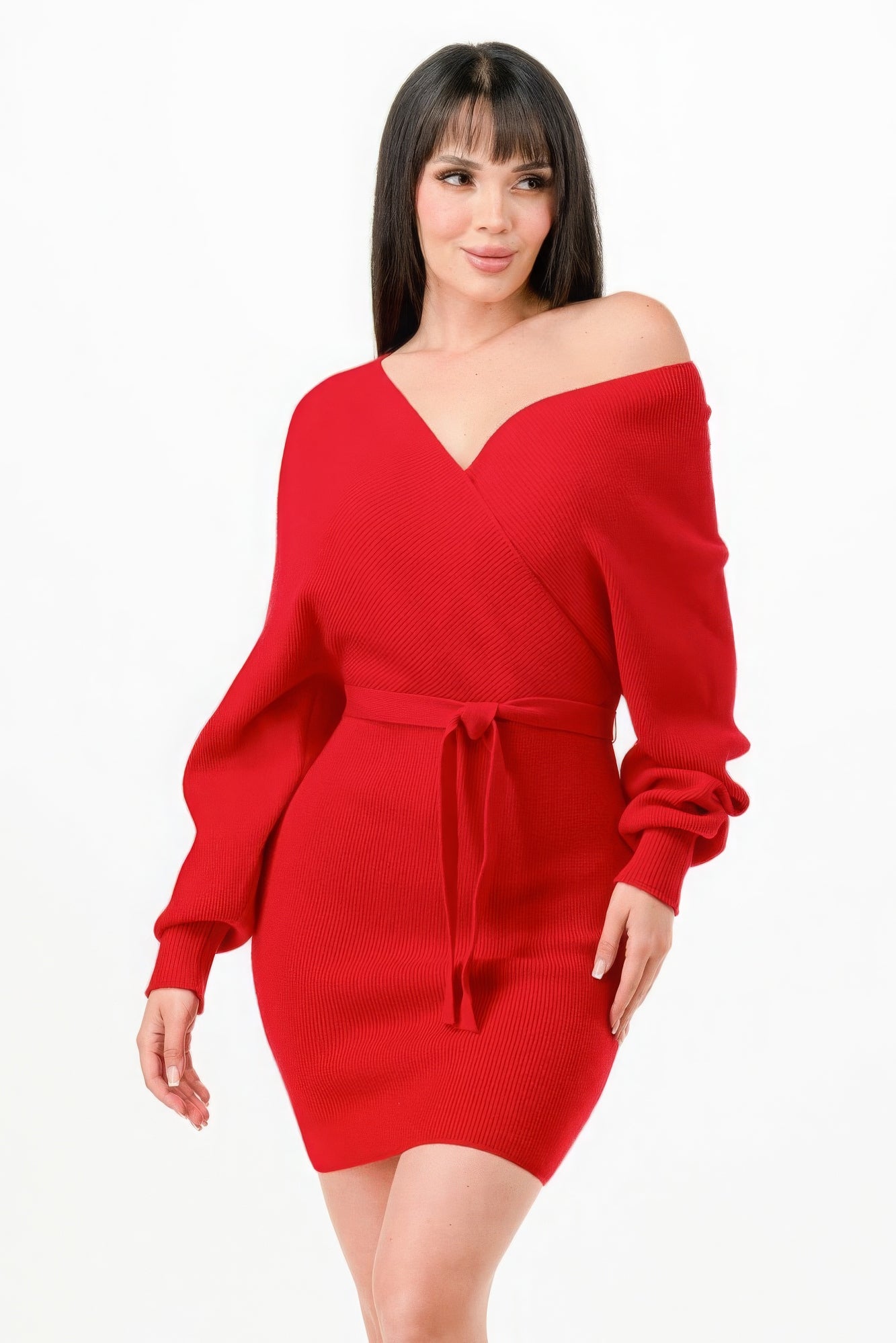 Off Shoulder Wrap Belted Ribbed Sweater Dress