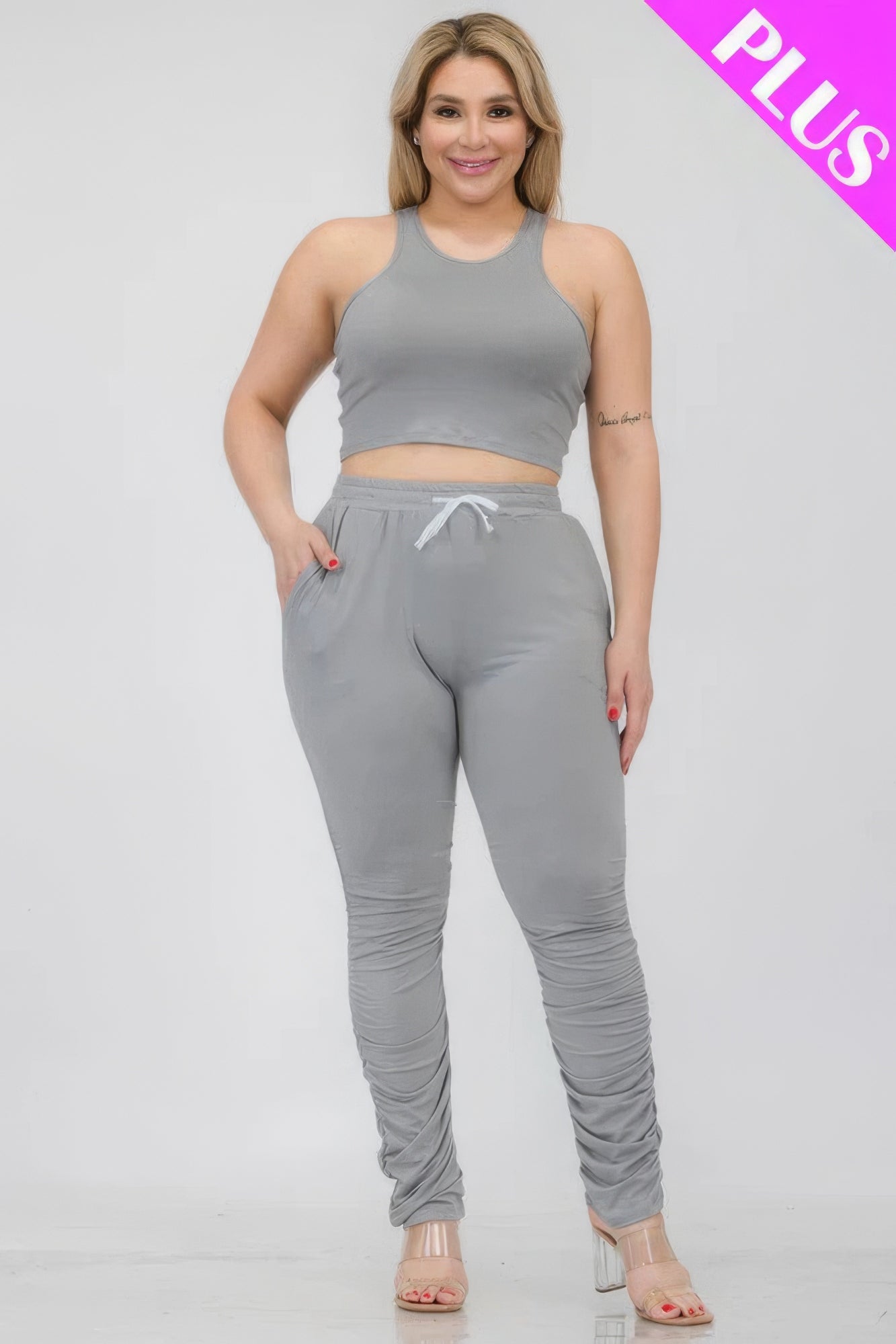 Plus Size Crop Tank Top & Ruched Pants Set