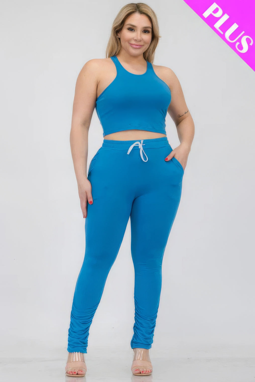 Plus Size Crop Tank Top & Ruched Pants Set