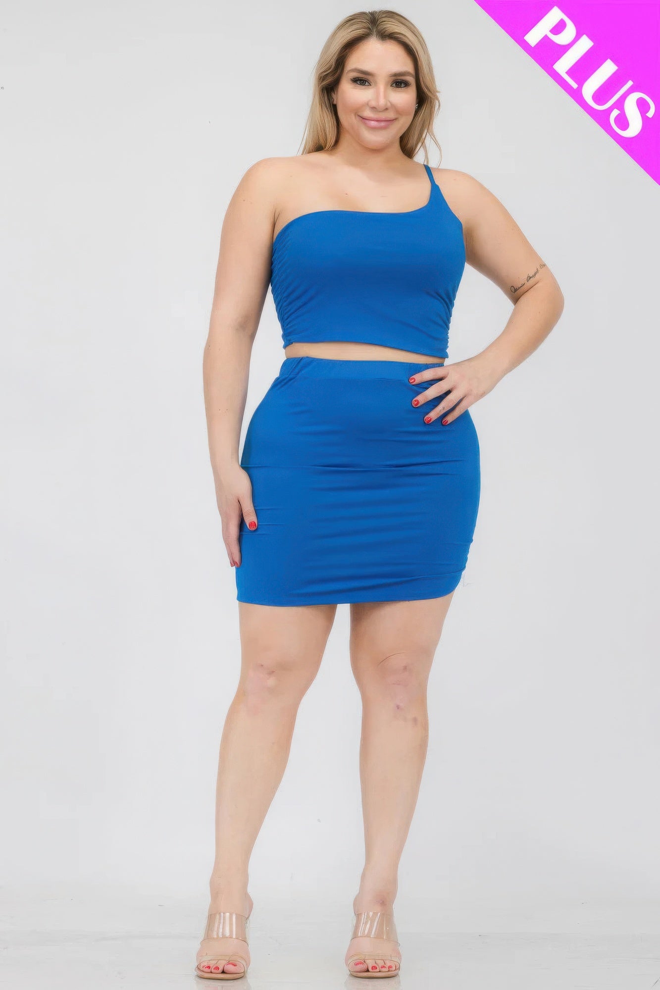 Plus Size One Shoulder Ruched Crop Top & Mini Skirt Set