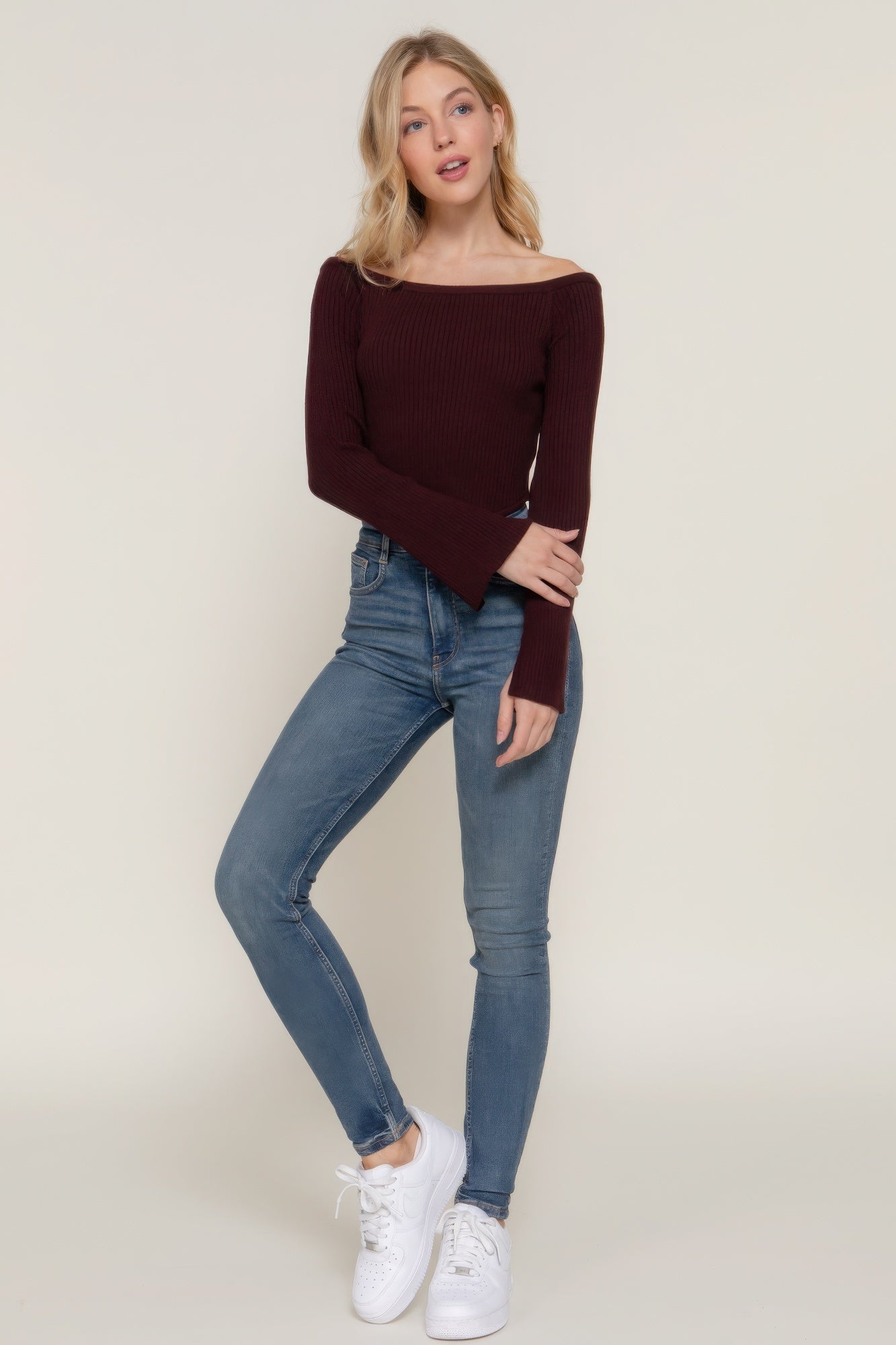 Long flare slv off shoulder sweater