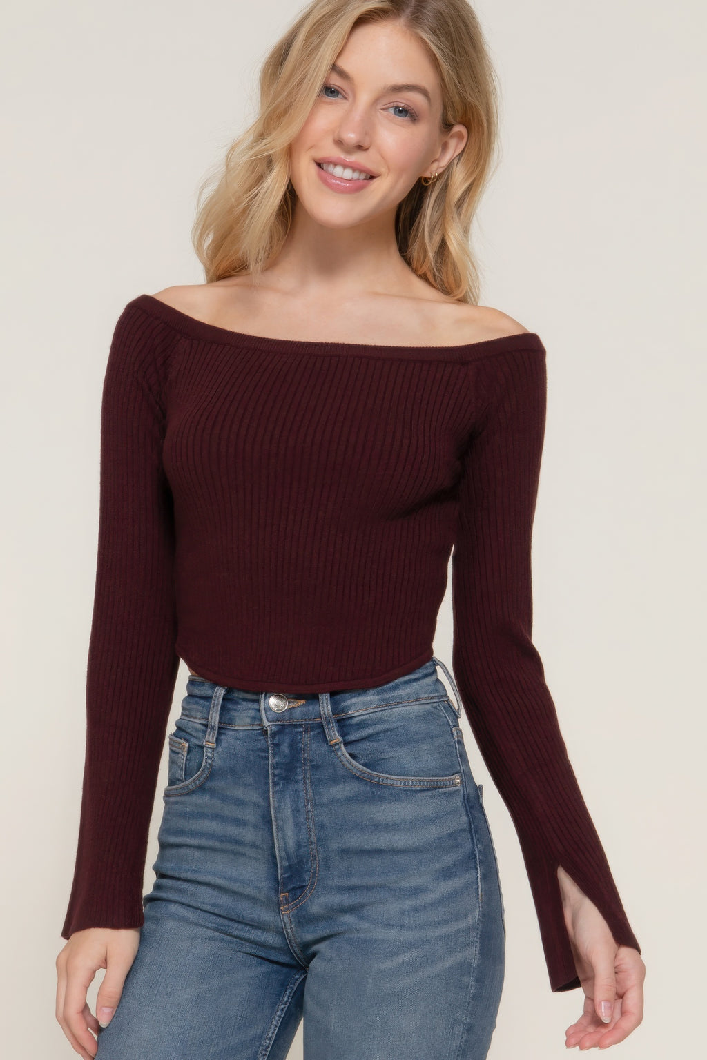 Long flare slv off shoulder sweater