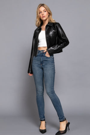 Long slv shirt collar faux leather jacket