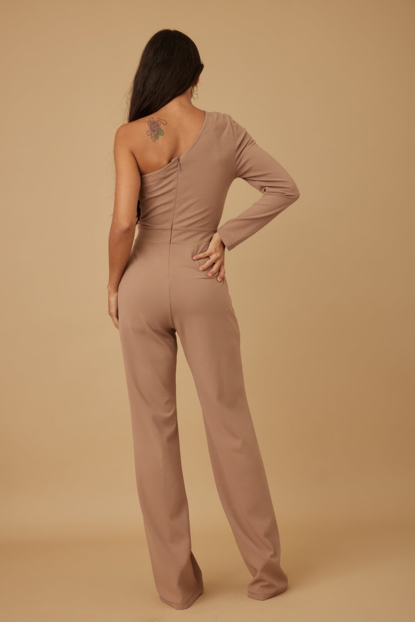 Snowflae Stone On Waist Half Shoulder Jumpsuit