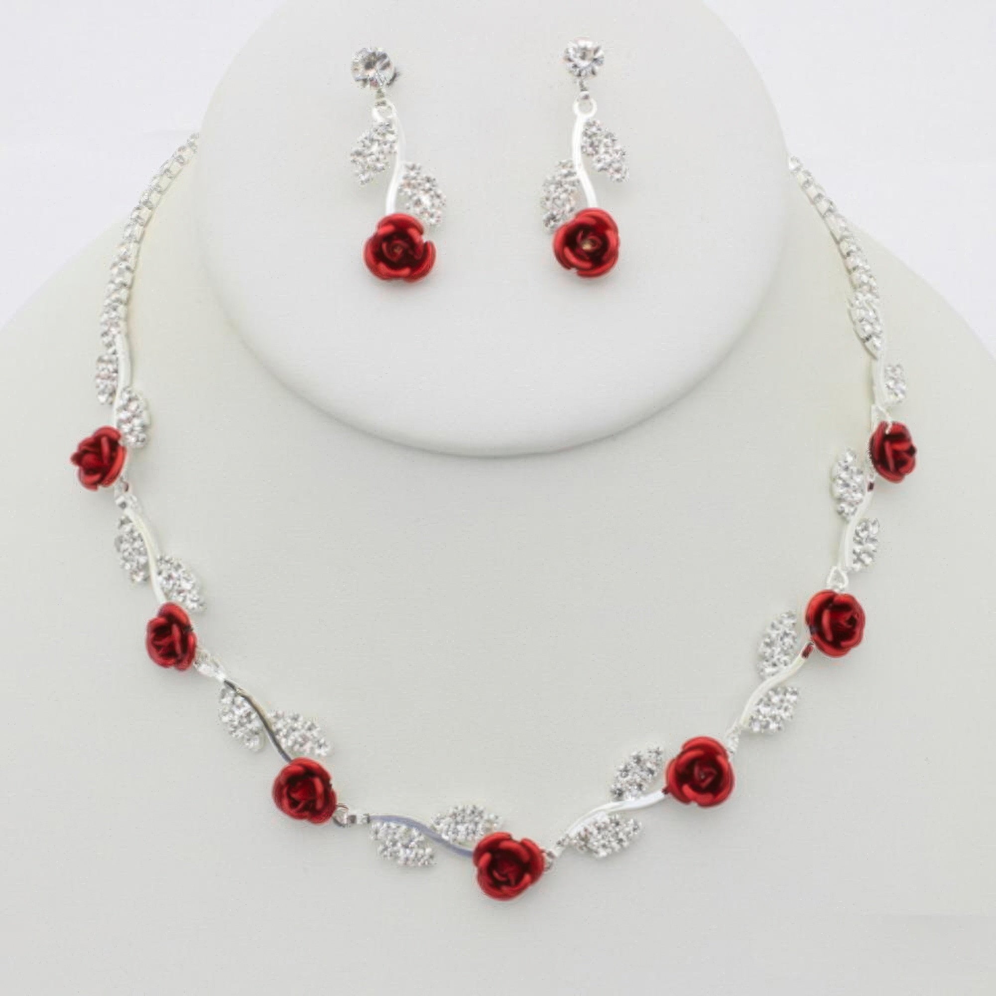 Rhinestone Rose Necklace Earring Set