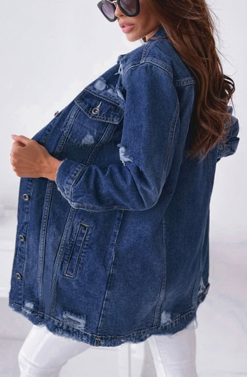 GIA DENIM LONGLINE RIPPED DENIM JACKET-DARK BLUE