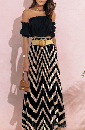 TRACIE CHEVRON PRINTED MAXI SKIRT-BLACK