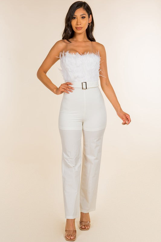 White Feathered Bust Belted Jumpsuit