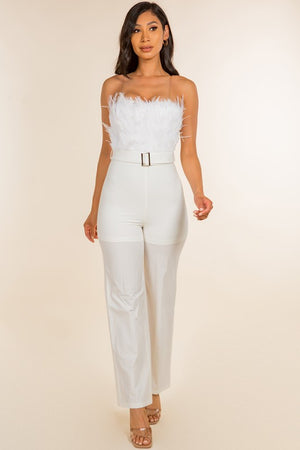 White Feathered Bust Belted Jumpsuit