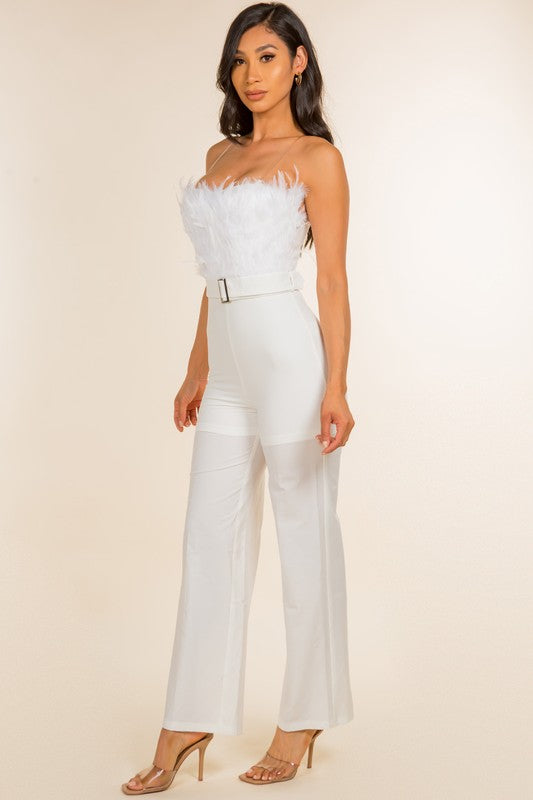 White Feathered Bust Belted Jumpsuit