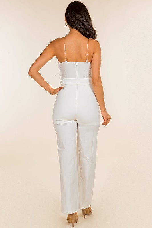 White Feathered Bust Belted Jumpsuit