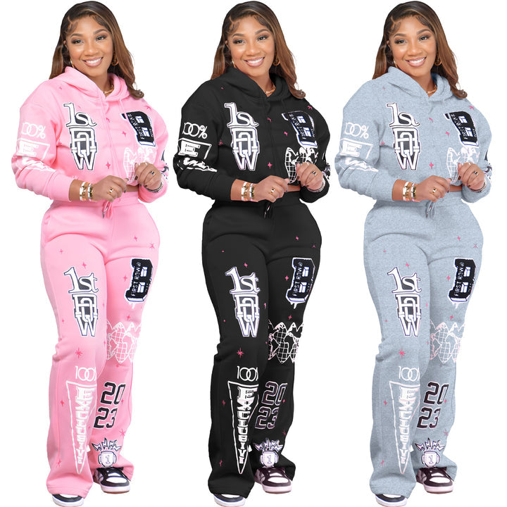 AUTUMN AND WINTER CASUAL PRINT 2PC HOODIE SET