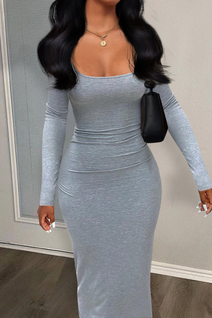 SOLID COLOR U-NECK LONG SLEEVED BODYCON DRESS