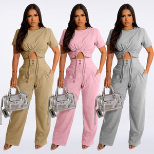 COTTON SHORT-SLEEVED PLEATED T-SHIRT WIDE-LEG PANTS SET