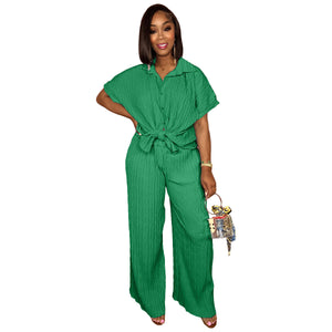 PLEATED FABRIC SHORT SLEEVED WIDE LEG PANTS SET