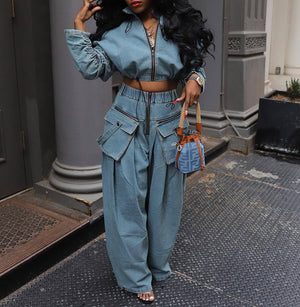 WIDE-LEGGED LOOSE HEAVY DENIM TWO-PIECE SET