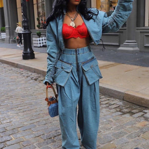 WIDE-LEGGED LOOSE HEAVY DENIM TWO-PIECE SET