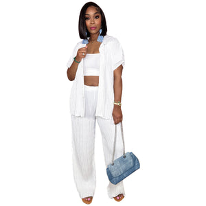 PLEATED FABRIC SHORT SLEEVED WIDE LEG PANTS SET