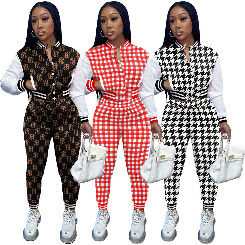 PRINTED PANELED LONG-SLEEVED BASEBALL JACKET TWO-PIECE SET