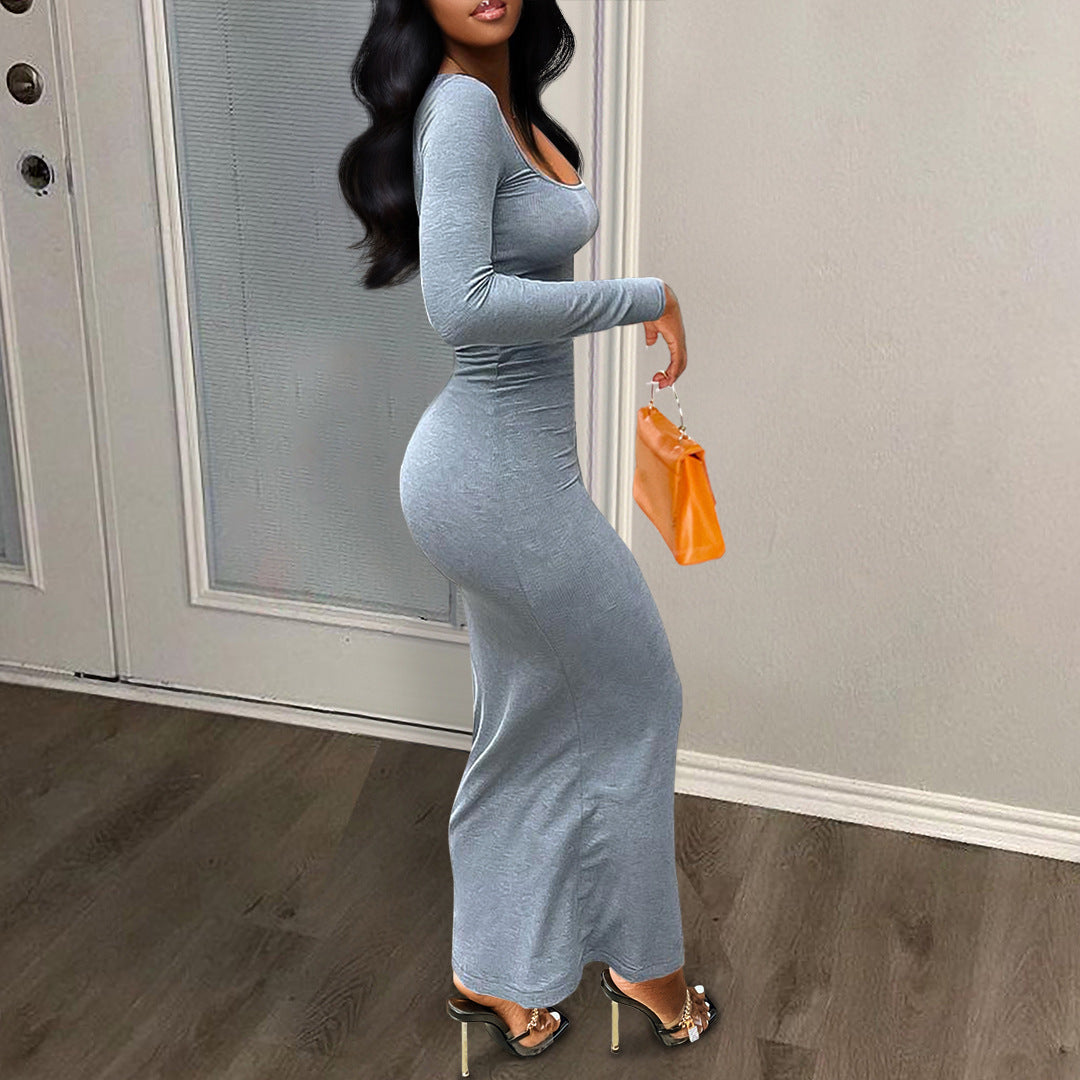 SOLID COLOR U-NECK LONG SLEEVED BODYCON DRESS