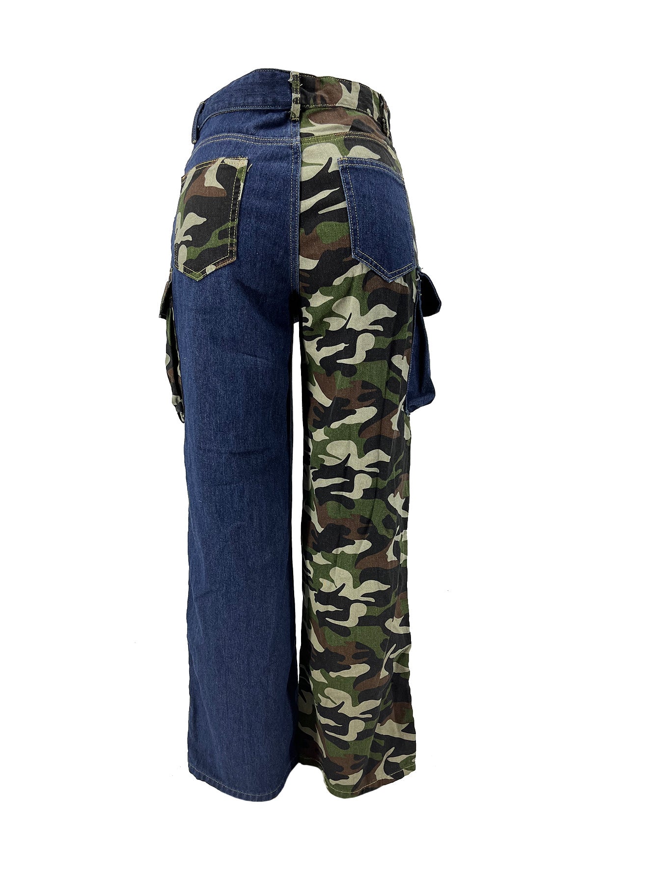 DENIM PATCHWORK CAMO PRINTED POCKET WOMEN PANTS