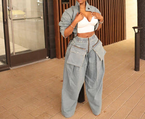 WIDE-LEGGED LOOSE HEAVY DENIM TWO-PIECE SET